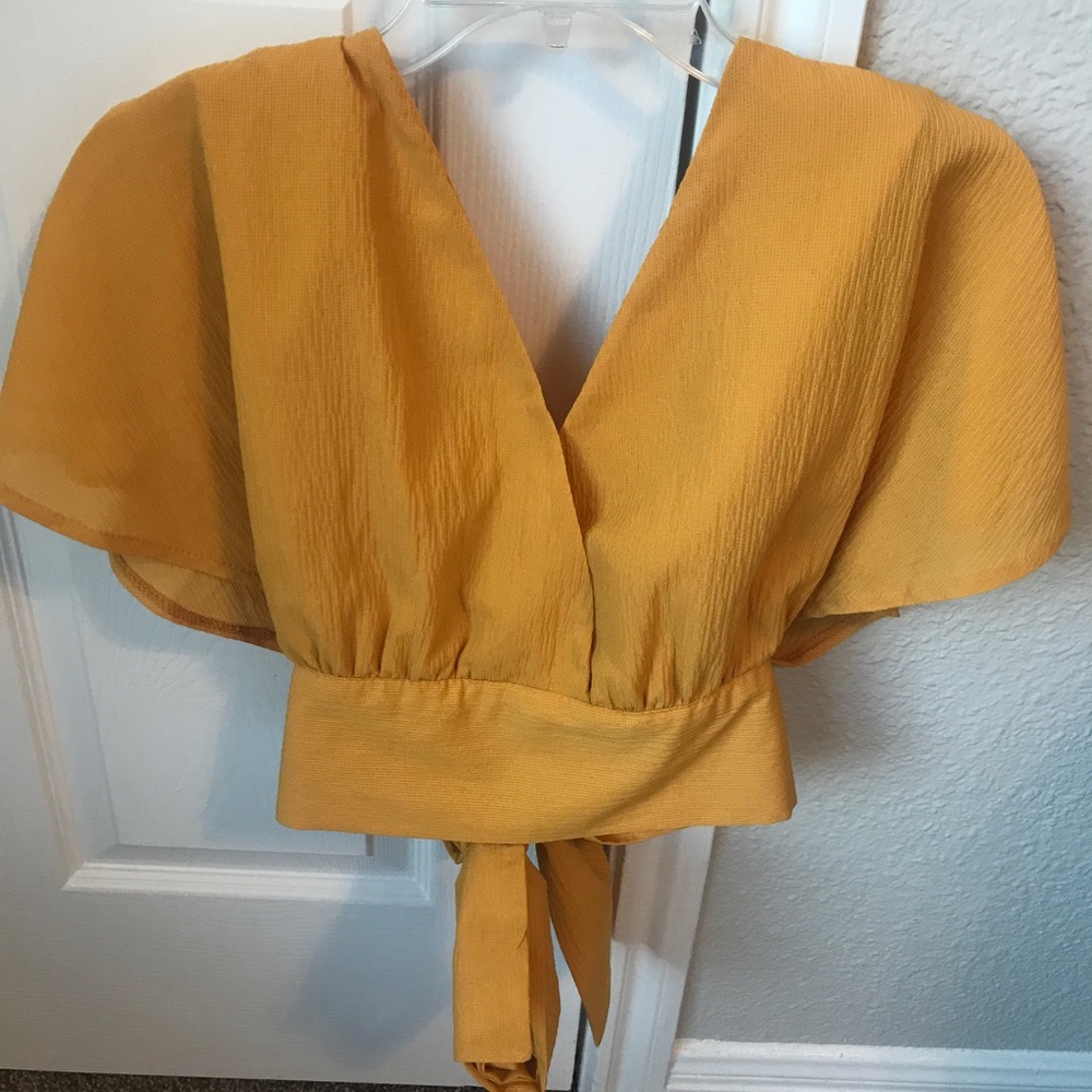 Mustard yellow cropped blouse with bow tie back !